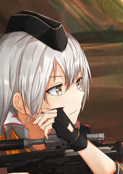Rule 34 | 1girl, absurdres, black gloves, blood, blood on face, brown eyes, brown jacket, dragunov svd, forest, garrison cap, girls&#039; frontline, gloves, grey hair, gun, hat, highres, huge filesize, jacket, long hair, looking away, military, military hat, military uniform, muteppona hito, nature, outdoors, rifle, serious, sniper rifle, solo, solo focus, svd (girls&#039; frontline), uniform, weapon