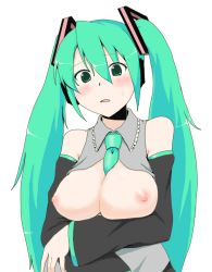 Rule 34 | 1girl, 9rimson, aqua eyes, aqua hair, bare shoulders, between breasts, blush, breast hold, breasts, detached sleeves, hair ornament, hatsune miku, head tilt, highres, large breasts, long hair, necktie, nipples, open clothes, open shirt, parted lips, ribbon, shirt, simple background, solo, sweatdrop, twintails, very long hair, vocaloid, white background