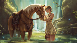 Rule 34 | 1girl, artist name, blonde hair, branch, closed eyes, epona, fairy, forehead-to-forehead, glowing, heads together, highres, horse, icezimy, ilia (zelda), nintendo, partially submerged, pouch, rock, saddle, short hair, standing, the legend of zelda, the legend of zelda: twilight princess, thigh pouch, water, waterfall
