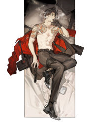 1boy abs bed_sheet belt black_belt black_footwear black_gloves black_hair black_socks brown_pants chest_tattoo cigarette collarbone dark_nipples facing_to_the_side fingernails formal_clothes from_above full_body gloves highres holding holding_cigarette jacket jewelry knee_up looking_ahead lying majima_goro male_focus necklace nipples on_bed on_side open_belt open_pants pants pillow red_shirt ryuu_ga_gotoku_(series) shirt short_hair shoulder_tattoo smoke smoking socks solo starshadowmagician suit tattoo toned toned_male topless_male unworn_gloves unworn_jacket unworn_shirt yakuza yellow_eyes