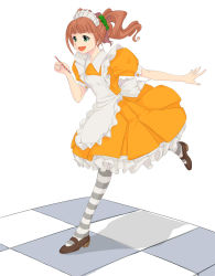 Rule 34 | 00s, 1girl, brown hair, checkered floor, full body, green eyes, happy, idolmaster, idolmaster (classic), idolmaster 1, maid, maid fairy tale, open mouth, pantyhose, solo, striped clothes, striped pantyhose, takahashi ren, takatsuki yayoi, twintails, white background