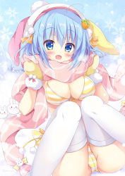 Rule 34 | 1girl, :d, ahoge, animal ears, ass, bikini, blue eyes, breasts, cameltoe, carrot hair ornament, cleavage, fake animal ears, fang, food-themed hair ornament, front-tie bikini top, front-tie top, hair ornament, knees up, large breasts, looking at viewer, mittens, open mouth, original, picpicgram, pom pom (clothes), scarf, short hair, sitting, smile, solo, striped bikini, striped clothes, swimsuit, thighhighs, white thighhighs, yellow bikini