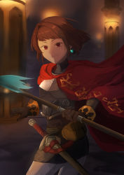 Rule 34 | 1girl, aonoha ao, armor, belt pouch, black gloves, brown hair, cape, earrings, gloves, highres, holding, holding weapon, indoors, jewelry, looking at viewer, pixiv fantasia, pixiv fantasia last saga, pouch, red cape, red eyes, rudia of the moon smile, short hair, standing, sword, twisted torso, weapon