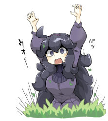 Rule 34 | 1girl, @ @, alternate breast size, breasts, creatures (company), game freak, grass, hairband, hex maniac (pokemon), highres, large breasts, long hair, messy hair, nintendo, npc trainer, open mouth, pokemon, pokemon xy, purple hairband, ribbed sweater, simple background, solo, sweater, tall grass, tazonotanbo, white background