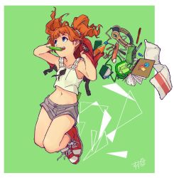 Rule 34 | animal bag, artist name, backpack, bag, blue eyes, book, dropping, green background, green nails, grey shorts, hands up, headphones, headphones removed, high tops, idolmaster, idolmaster (classic), mouth hold, nail polish, orange hair, pen, pencil case, red footwear, shima (landsuzume), short shorts, short twintails, shorts, sneakers, solo, takatsuki yayoi, tank top, towel, tupet, twintails, white tank top
