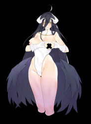 Rule 34 | 1girl, absurdres, ahoge, albedo (overlord), areola slip, black background, black feathers, black hair, blush, brashear lushert, breasts, breasts out, cameltoe, covered navel, cropped legs, feathers, gloves, hair between eyes, highres, horns, leotard, long hair, looking at viewer, overlord (maruyama), pasties, simple background, smile, solo, thighs, very long hair, white gloves, wide hips, wings, yellow eyes
