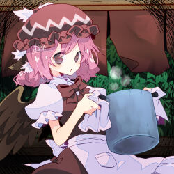 Rule 34 | 1girl, animal ears, apron, bird ears, bird wings, blush, brown dress, brown hat, brown wings, collared shirt, commentary, cooking pot, dress, grey eyes, hat, holding, holding cooking pot, mystia lorelei, open mouth, pink hair, puffy short sleeves, puffy sleeves, shirt, short hair, short sleeves, solo, touhou, upper body, white apron, white shirt, winged hat, wings, yoruuta