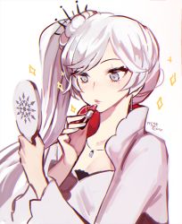 Rule 34 | 1girl, applying makeup, bad id, bad twitter id, blue eyes, blush, cosmetics, earrings, ecru, hand mirror, jewelry, lipstick, lipstick tube, makeup, mirror, nail polish, necklace, rwby, scar, scar across eye, scar on face, solo, sparkle, twitter username, weiss schnee, white background