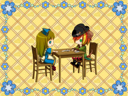 Rule 34 | 1boy, 1girl, alice liddell (kuni no alice), animal ears, apron, aqua eyes, badge, blonde hair, boots, bow, brown hair, card, cheese, chibi, dress, flower, food, game cg, green eyes, hair bow, hair over one eye, hat, heart no kuni no alice, streaked hair, long hair, mouse ears, mouse tail, multicolored hair, necktie, official art, open mouth, pierce villiers, playing card, puffy sleeves, red hair, sitting, skirt, sweat, table, tail