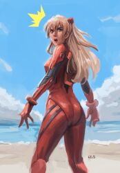 Rule 34 | 1girl, ass, blue eyes, blue sky, bodysuit, breasts, brown hair, curvy, hair between eyes, hair ornament, highres, interface headset, leomitsu, lips, long hair, looking at viewer, looking back, medium breasts, neon genesis evangelion, pilot suit, plugsuit, realistic, red bodysuit, shiny clothes, simple background, sky, solo, souryuu asuka langley, standing, twintails, two side up, very long hair