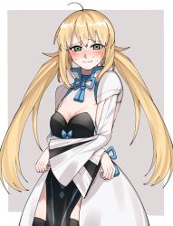Rule 34 | 1girl, ahoge, artoria caster (fate), artoria pendragon (fate), blonde hair, blush, breasts, cleavage, commission, cosplay, cowboy shot, embarrassed, empty eyes, euhage73, fate/grand order, fate (series), flustered, green eyes, highres, long hair, looking at viewer, morgan le fay (fate), morgan le fay (fate) (cosplay), nose blush, skeb commission, small breasts, smile, solo, sweatdrop, thighhighs, twintails, two-tone dress