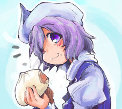 Rule 34 | 1girl, baozi, eating, food, gradient background, hat, letty whiterock, looking at viewer, purple eyes, purple hair, shinapuu, short hair, simple background, solo, steam, touhou, upper body