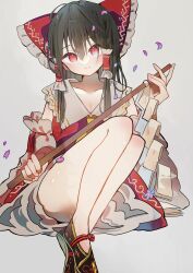 Rule 34 | 1girl, adapted costume, black hair, bow, cherry blossoms, closed mouth, commentary, detached sleeves, dress, falling petals, gohei, grey background, hair bow, hakurei reimu, head tilt, highres, holding, holding gohei, legs, legs together, looking at viewer, neckerchief, nontraditional miko, petals, red bow, red dress, red eyes, simple background, smile, solo, tamagogayu1998, thighs, touhou, yellow neckerchief
