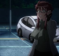 Rule 34 | 1girl, breasts, brown hair, car, female focus, glasses, green eyes, highres, large breasts, miniskirt, motor vehicle, night, panties, screencap, skirt, solo, standing, stitched, suzue konomi, third-party edit, triage x, underwear