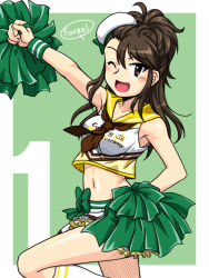 Rule 34 | 1girl, ;d, amaretto (girls und panzer), arm up, asymmetrical bangs, beret, black neckerchief, brown eyes, brown hair, cheerleader, coco&#039;s, commentary request, double horizontal stripe, frilled skirt, frills, girls und panzer, green background, half updo, hat, holding, holding pom poms, italian text, leg up, logo, long hair, looking at viewer, midriff, mini hat, miniskirt, navel, neckerchief, one eye closed, oosaka kanagawa, open mouth, outside border, partial commentary, pom pom (cheerleading), pom poms, sailor collar, shirt, skirt, sleeveless, sleeveless shirt, smile, socks, solo, standing, standing on one leg, tilted headwear, white hat, white skirt, white socks, wristband, yellow shirt