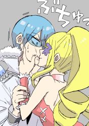 Rule 34 | 10s, 1boy, 1girl, absurdres, bad id, bad pixiv id, blonde hair, blue hair, eyepatch, hands on another&#039;s cheeks, hands on another&#039;s face, harime nui, hetero, highres, inumuta houka, ishihara saika, kill la kill, kiss, surprise kiss, surprised, translation request