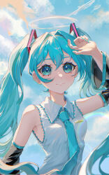 Rule 34 | 1girl, absurdres, armpits, bare shoulders, blue eyes, blue hair, blue nails, blue sky, blush, breasts, cloud, detached sleeves, halo, hatsune miku, highres, looking at viewer, necktie, ramika (ramika0606), sky, small breasts, smile, solo, twintails, vocaloid