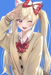 Rule 34 | 1girl, animal ears, blonde hair, blue background, blush, bow, bowtie, cardigan, cat ears, collarbone, collared jacket, fangs, hair bow, highres, jacket, komori met, long hair, looking at viewer, loose bowtie, one eye closed, open collar, polka dot, purple eyes, red bow, shakkiyi, shirt, sidelocks, simple background, sleeves past wrists, smile, swept bangs, teeth, triangle facial mark, twintails, upper teeth only, virtual youtuber, vspo!, white bow, white shirt, yellow cardigan