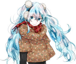 Rule 34 | 1girl, black hairband, blue eyes, blue hair, hair between eyes, hairband, hatsune miku, long hair, looking at viewer, red scarf, scarf, simple background, solo, standing, twintails, upper body, urahara, very long hair, vocaloid, white background