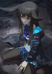 Rule 34 | 1girl, absurdres, amiya (arknights), animal ears, arknights, ascot, black coat, black pantyhose, blue ascot, blue eyes, blue skirt, blurry, blurry background, brown hair, checkered clothes, checkered skirt, closed mouth, coat, frilled ascot, frills, full body, highres, hood, hood down, hooded coat, jewelry, long hair, long sleeves, outdoors, pantyhose, rabbit ears, rain, ring, sad, sb lama, sitting, skirt, sleeveless, sleeveless sweater, solo, sweater, wariza, water drop, white sweater
