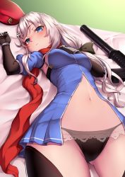 Rule 34 | 1girl, 9a-91, 9a-91 (girls&#039; frontline), assault rifle, bad id, bad pixiv id, bed, bed sheet, beret, black panties, black thighhighs, blue eyes, blush, breasts, cowboy shot, detached sleeves, dress, elbow gloves, foreshortening, girls&#039; frontline, gloves, gluteal fold, gun, hair between eyes, hair ornament, hand on own chest, hand up, hat, unworn hat, head tilt, unworn headwear, long hair, looking at viewer, lying, medium breasts, navel, on back, panties, parted lips, red scarf, rifle, ryuinu, scarf, see-through, short dress, sidelocks, silver hair, solo, star (symbol), star hair ornament, stomach, thighhighs, thighs, underwear, very long hair, weapon