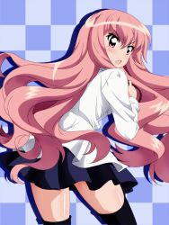 Rule 34 | 1girl, black thighhighs, blouse, blue background, checkered background, hair between eyes, highres, long hair, louise francoise le blanc de la valliere, open mouth, pink eyes, pink hair, shirt, skirt, solo, tappa (esperanza), thighhighs, very long hair, white shirt, zero no tsukaima