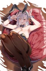 Rule 34 | 1girl, :q, absurdres, animal ears, arms up, bandaged head, bandages, bare shoulders, bean bag chair, black leotard, black pantyhose, bow, bowtie, breasts, detached collar, fake animal ears, full body, goddess of victory: nikke, grey hair, high heels, highres, large breasts, leotard, light blush, long hair, lying, modernia (nikke), nyahpa20, on back, open hand, pantyhose, playboy bunny, rabbit ears, rabbit pose, red eyes, ribbon, solo, strapless, strapless leotard, tongue, tongue out, w, wrist cuffs, yellow ribbon
