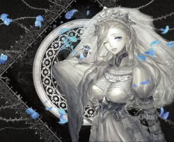 Rule 34 | 1girl, ;), arm belt, bad id, bad pixiv id, bird, black background, blue eyes, blue feathers, blue flower, bluebird, braid, breasts, cleavage, copyright request, crown, crown braid, dress, fantasy, feathers, flower, grey theme, long hair, long sleeves, looking at viewer, medium breasts, official art, one eye closed, open mouth, pale skin, puffy long sleeves, puffy sleeves, smile, standing, upper body, veil, white dress, wide sleeves