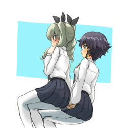 Rule 34 | 10s, 2girls, :o, anchovy (girls und panzer), black hair, blush, breasts, couple, days135, drill hair, embarrassed, female focus, friends, girls und panzer, green hair, hair ornament, hair ribbon, holding hands, highres, looking at another, multiple girls, open mouth, pantyhose, pepperoni (girls und panzer), ribbon, shy, sitting, skirt, small breasts, smile, white legwear, yellow eyes, yuri