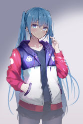 Rule 34 | 1girl, bad id, bad pixiv id, black pantyhose, black shirt, black shorts, blue eyes, blue hair, closed mouth, collarbone, cowboy shot, drawstring, frown, hair between eyes, hand in pocket, hatsune miku, highres, hood, hood down, hooded jacket, jacket, pantyhose under shorts, long hair, long sleeves, looking at viewer, open clothes, open jacket, osanzi, pantyhose, shirt, short shorts, shorts, solo, torn clothes, torn shorts, twintails, v-neck, very long hair, vocaloid