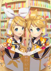 Rule 34 | &gt; &lt;, &gt; o, 1boy, 1girl, :d, > <, aqua eyes, bass clef, blonde hair, book, bookmark, bookshelf, bow, brother and sister, chibi, food, fruit, grin, hair bow, hair ornament, hairclip, headphones, headset, highres, holding, holding book, kagamine len, kagamine rin, multicolored background, musical note, nail polish, necktie, one eye closed, open book, open mouth, orange (fruit), orange slice, pop-up book, rin no youchuu, sailor collar, sawashi (ur-sawasi), short hair, siblings, smile, treble clef, twins, vocaloid, xd, yellow nails, yellow neckwear