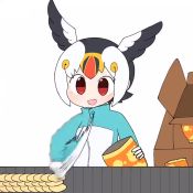 Rule 34 | 1girl, animated, atlantic puffin (kemono friends), bag, box, chips (food), commentary, conveyor belt, eating, food, holding, holding bag, jacket, kemono friends, looping animation, motion blur, potato chips, simple background, tareme, taro (tontaro), video, white background