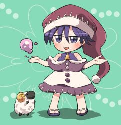 Rule 34 | 1girl, animal, blob, blue eyes, blue hair, chibi, doremy sweet, dream soul, dress, flip-flops, full body, green background, half-closed eyes, hat, looking at viewer, multicolored clothes, multicolored dress, nightcap, open mouth, pom pom (clothes), red hat, rokugou daisuke, sandals, shadow, sheep, short hair, smile, solo, standing, touhou