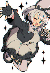 Rule 34 | 1girl, ahoge, alternate color, animal ears, aqua eyes, black dress, black gloves, black jacket, blush, boots, bracelet, breasts, circle skirt, clover, collar, dress, elphelt valentine, four-leaf clover, frilled dress, frills, gloves, guilty gear, guilty gear strive, hairband, highres, holding, holding microphone, huge ahoge, itsuka neru, jacket, jewelry, large breasts, long sleeves, looking at viewer, microphone, one eye closed, open mouth, short hair, smile, solo, spiked bracelet, spiked collar, spiked hairband, spikes, thigh boots, two-tone dress, white background, white dress, white footwear, white hair