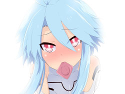 Rule 34 | 10s, 1girl, ahoge, bare shoulders, blanc (neptunia), blue hair, blush, bodysuit, close-up, condom, condom in mouth, condom wrapper, elbow gloves, gloves, gradient background, koori (12230906), looking at viewer, mouth hold, neptune (series), pov, power symbol, power symbol-shaped pupils, red eyes, short hair with long locks, sidelocks, solo, symbol-shaped pupils, white heart (neptunia)