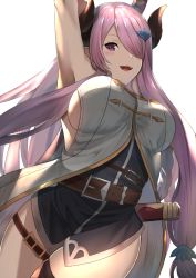 Rule 34 | 1girl, arm up, armpits, belt, blush, breasts, coat, cover, cover page, draph, granblue fantasy, hair ornament, hair over one eye, highres, holding, horns, large breasts, long hair, looking at viewer, narmaya (granblue fantasy), open mouth, parted bangs, pink hair, pointy ears, purple eyes, sheath, shun&#039;en (homura0620alicia), sidelocks, simple background, sleeveless, smile, solo, thigh strap, thighs, white background