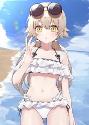Rule 34 | 1girl, beach, bikini, blue archive, blush, breasts, cleavage, collarbone, commentary request, eyewear on head, frilled bikini, frills, hifumi (blue archive), hifumi (swimsuit) (blue archive), highres, light brown hair, long hair, looking at viewer, low twintails, ocean, open mouth, sky, small breasts, solo, sunglasses, sweat, swimsuit, syhan, twintails, white bikini