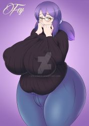 Rule 34 | 1girl, ass, bakudemon, blush, breasts, brown eyes, covered erect nipples, fat, glasses, highres, huge breasts, long hair, looking at viewer, mature female, open mouth, pants, plump, purple hair, solo, thick thighs, thighs, waru-geli, wide hips