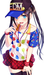 Rule 34 | 1girl, :d, badge, baseball cap, black thighhighs, blue eyes, blush, bracelet, button badge, clothes writing, collarbone, commentary request, unworn eyewear, glasses, hachinatsu, hand on thigh, hat, highres, holding, holding removed eyewear, idolmaster, idolmaster shiny colors, jewelry, long hair, looking at viewer, miniskirt, mitsumine yuika, open mouth, pendant, print shirt, red-framed eyewear, red skirt, shirt, sidelocks, simple background, skirt, smile, solo, sweatband, thighhighs, twintails, white background