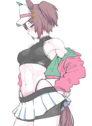 Rule 34 | 1girl, animal ears, black shorts, blush, breasts, brown hair, character request, closed mouth, commentary request, cowboy shot, crop top, ear covers, from side, green eyes, hat, highres, horse ears, horse girl, jacket, looking at viewer, medium breasts, midriff, navel, pink jacket, pleated skirt, shorts, simple background, single ear cover, skirt, solo, stomach, two side up, umamusume, visor cap, white background, white hat, white skirt, yaki apple