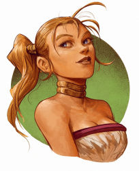 Rule 34 | 1girl, bare shoulders, blonde hair, blue eyes, breasts, chrono trigger, cleavage, collarbone, dave rapoza, highres, jewelry, marle (chrono trigger), medium breasts, neck ring, parted lips, ponytail, smile, solo, strapless, upper body