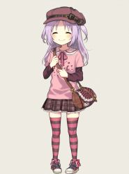 Rule 34 | 1girl, ^ ^, bag, blush, bow, boyano, brown bow, brown hat, brown skirt, cabbie hat, closed eyes, closed mouth, clothes writing, collared shirt, facing viewer, grey background, hair bow, hat, holding, layered sleeves, long hair, long sleeves, magia record: mahou shoujo madoka magica gaiden, mahou shoujo madoka magica, misono karin, neck ribbon, pigeon-toed, pink shirt, plaid, plaid bow, plaid skirt, pleated skirt, print footwear, purple hair, red footwear, red ribbon, ribbon, shirt, shoes, short over long sleeves, short sleeves, shoulder bag, simple background, skirt, smile, solo, star (symbol), star print, striped clothes, striped thighhighs, thighhighs, two side up