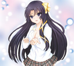 Rule 34 | 1girl, black hair, breasts, cleavage, kotone (19931003), kurugaya yuiko, little busters!, long hair, purple eyes, ribbon, school uniform