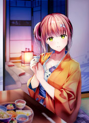 Rule 34 | 1girl, absurdres, blurry, blurry background, brown hair, commentary request, cup, cushion, depth of field, floral print, flower, food, futon, green eyes, hair flower, hair ornament, hairclip, highres, holding, holding cup, indoors, japanese clothes, kimono, lantern, long sleeves, looking at viewer, open clothes, original, parted lips, print kimono, rei (rei&#039;s room), sidelocks, smile, solo, striped clothes, striped kimono, table, tray, vertical-striped clothes, vertical-striped kimono, white flower, white kimono, wide sleeves, zabuton