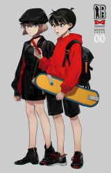 Rule 34 | 1boy, 1girl, aged up, aqua eyes, arm at side, backpack, bag, bare legs, black-framed eyewear, black dress, black footwear, black hair, black headwear, black shorts, blue eyes, bob cut, breasts, cellphone, chain, choker, closed mouth, copyright name, cross-laced footwear, dress, edogawa conan, full body, glasses, grey background, haibara ai, hat, highres, holding, holding phone, hood, hood down, hoodie, jacket, kanamura ren, logo, long sleeves, looking at phone, looking at viewer, meitantei conan, nail polish, open clothes, open jacket, open mouth, phone, pocket, red hoodie, red nails, shoes, shorts, shoulder bag, side-by-side, simple background, skateboard, sleeves past wrists, small breasts, sneakers, standing, unzipped