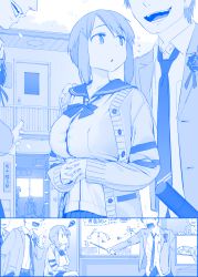 Rule 34 | 1girl, 3boys, belt, blue theme, breasts, commentary request, earrings, flying sweatdrops, getsuyoubi no tawawa, gimai-chan (tawawa), hair ornament, hairclip, hand on another&#039;s shoulder, hand on own chin, highres, himura kiseki, jewelry, large breasts, multiple boys, necktie, pants, pleated skirt, short hair, skirt, squiggle, translation request