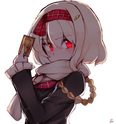 Rule 34 | 1girl, 2018, aiguillette, azur lane, blonde hair, blush, card, chiru (218mg), covered mouth, dated, eyebrows, frilled sleeves, frills, from side, hair between eyes, hair ornament, hairband, hand up, hermes (azur lane), holding, holding card, long sleeves, plaid, red eyes, red hairband, red ribbon, ribbon, short hair, signature, simple background, solo, upper body, white background, wing hair ornament