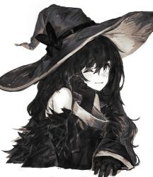 Rule 34 | 1girl, bare shoulders, black hair, bow, cropped torso, gloves, hair between eyes, hand on own cheek, hand on own face, hat, head rest, highres, long hair, long sleeves, looking at viewer, monochrome, one eye closed, original, parted lips, simple background, smile, solo, upper body, white background, witch hat, yanyan (shinken gomi)
