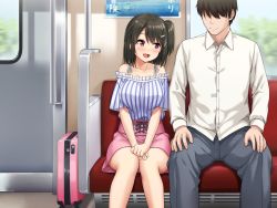 Rule 34 | 1boy, 1girl, bag, bare shoulders, black hair, blush, breasts, day, diletta, hair over eyes, hands on own knees, hands together, height difference, highres, knees together feet apart, kyokon no ani, namaiki de do-m na imouto to ichaicha suru, large breasts, legs, looking at another, looking to the side, medium hair, open mouth, original, pink eyes, pink skirt, sawada yuusuke, side ponytail, sitting, skirt, smile, thighs, train, train interior, window