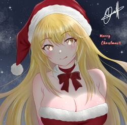Rule 34 | 1girl, absurdres, bare shoulders, blonde hair, bow, bowtie, breasts, christmas, closed mouth, commentary, dress, english commentary, english text, fur-trimmed dress, fur-trimmed headwear, fur collar, fur trim, hair between eyes, hat, highres, large breasts, long hair, merry christmas, pom pom (clothes), red bow, red bowtie, red dress, red hat, santa dress, santa hat, shokuhou misaki, signature, sky, smile, solo, star-shaped pupils, star (sky), star (symbol), starry sky, symbol-shaped pupils, toaru kagaku no mental out, toaru kagaku no railgun, toaru majutsu no index, upper body, yellow eyes, yue diazz